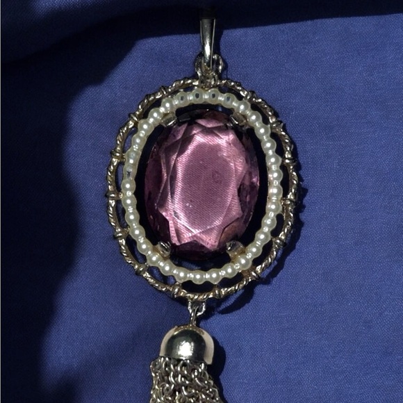 Vintage Pink Purple Rhinestone Crystal Seed Pearl Gold Tone Tassel Pendant - Picture 2 of 4